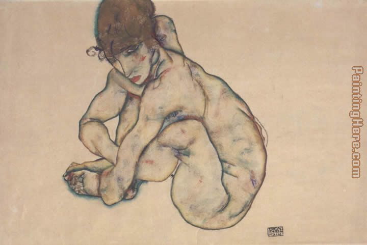 Sitting feminine act painting - Egon Schiele Sitting feminine act art painting